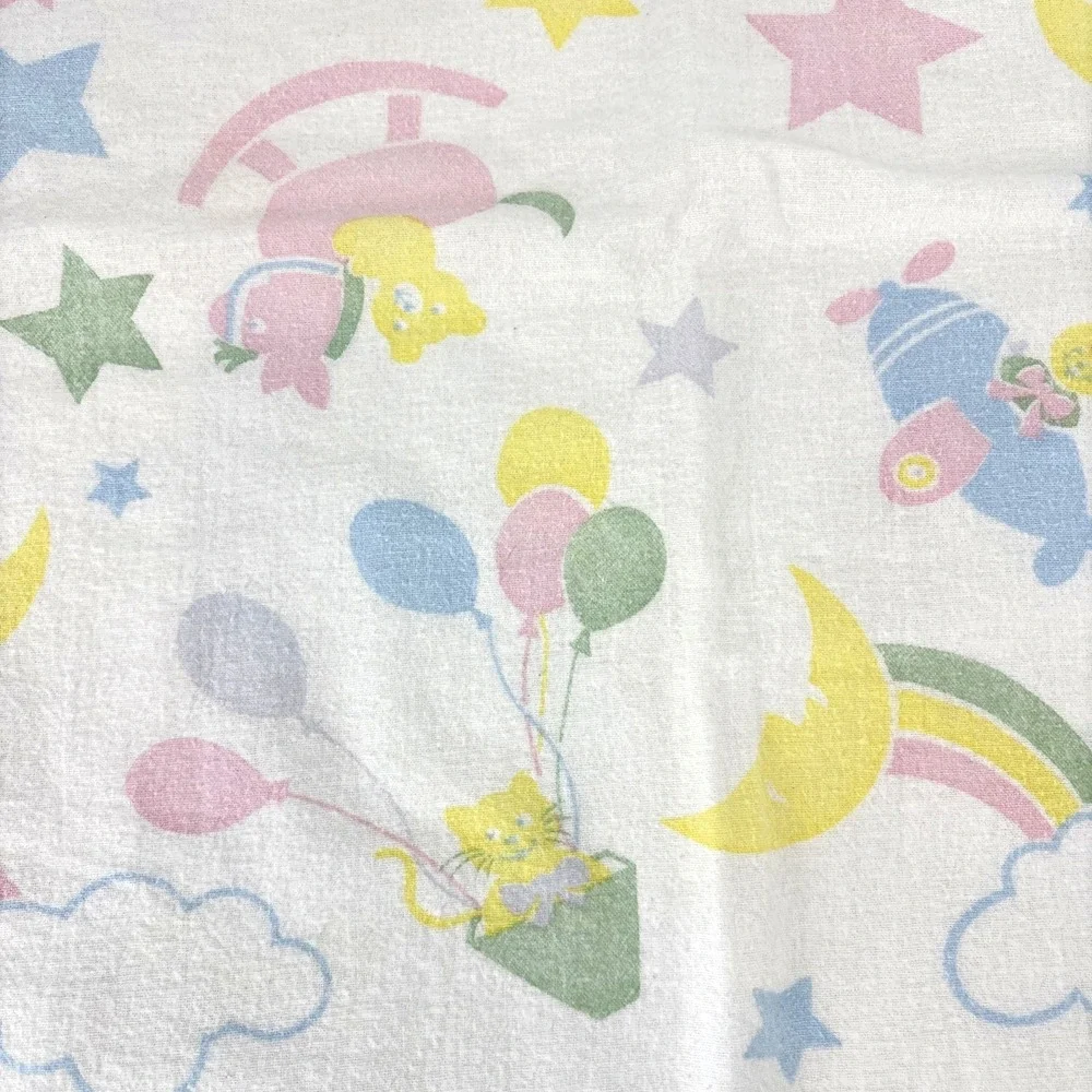 Vtg Beacon Rainbow Baby Blanket White Stars Balloon Bunny Plane Pastel Receiving